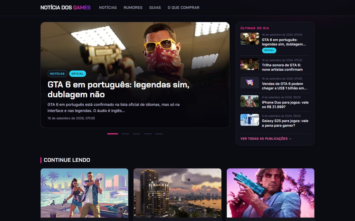 Site Notícia dos Games, feito pela DevMarques